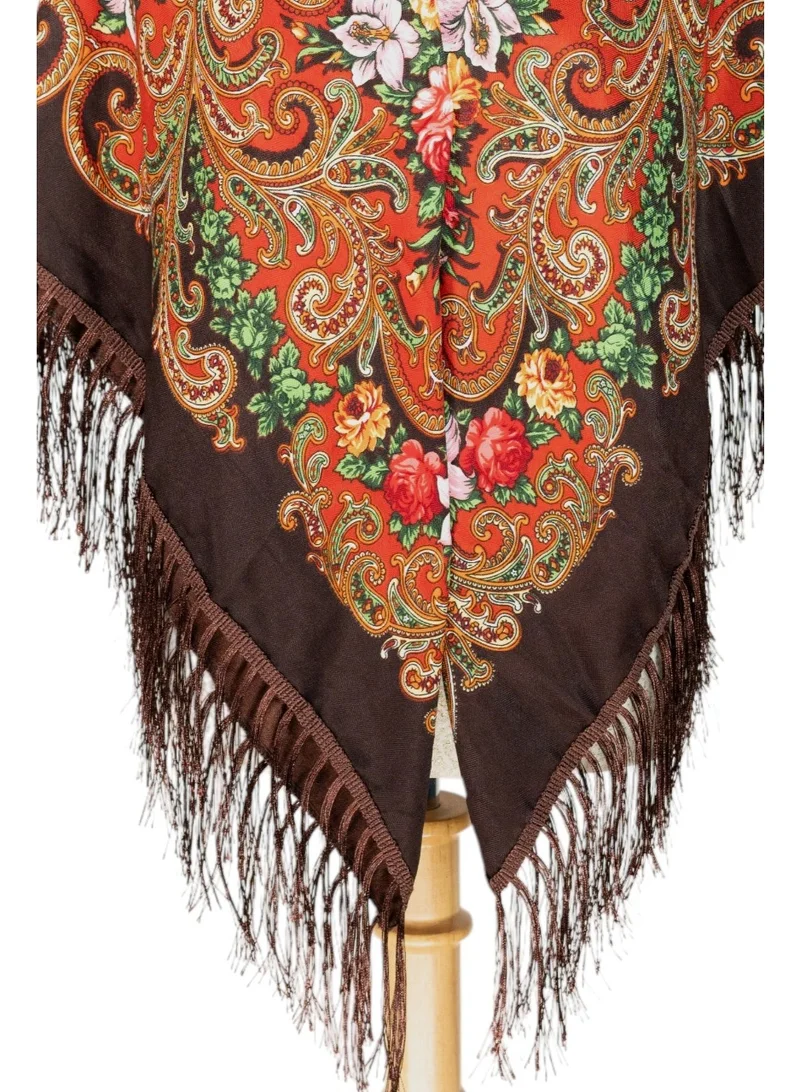 بيداني شال خريفي عتيق بنقوش زهور وحدود بنية داكنة